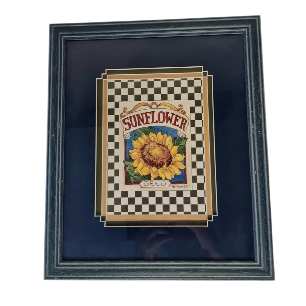 VTG Barbara Mock Sunflowers Print Matted Framed Blue Yellow Black & White Checks